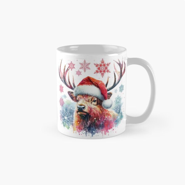 Item preview, Scottish Highland Stag Wearing a Santa Hat at Christmas Colorful Watercolor designed and sold by MaedK.