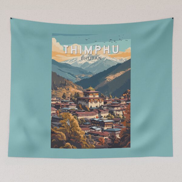 Item preview, Thimphu Bhutan Illustration Travel Art Vintage designed and sold by KrisSidDesigns.