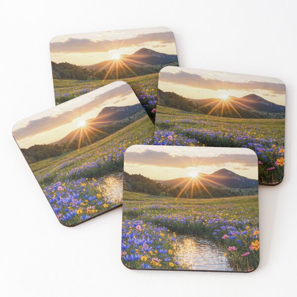 Item preview, Sunset Over Mountain with Wildflowers and Reflective Stream designed and sold by regnumsaturni.