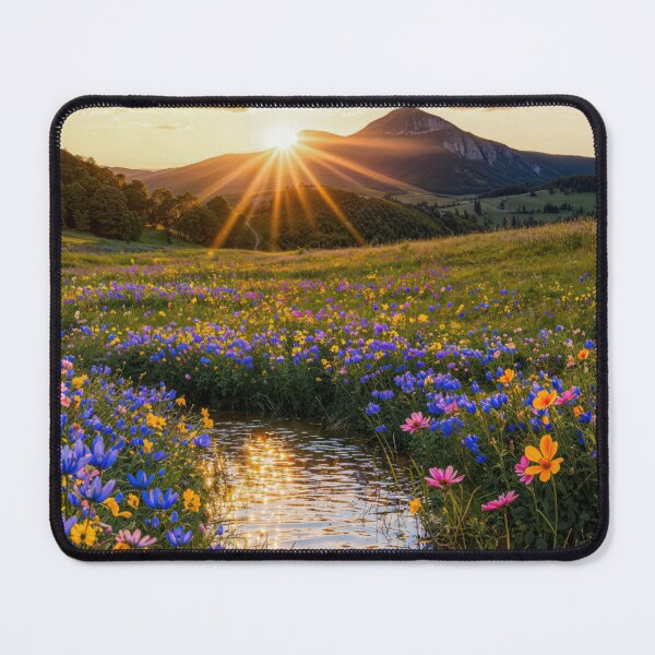 Item preview, Sunset Over Mountain with Wildflowers and Reflective Stream designed and sold by regnumsaturni.