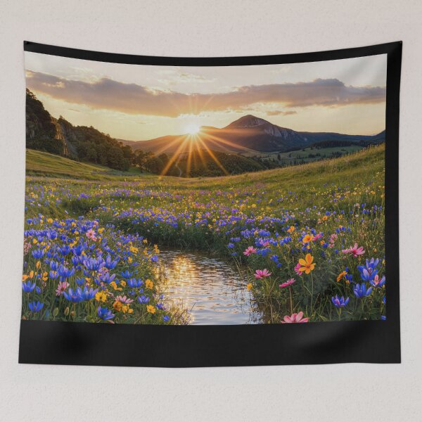 Item preview, Sunset Over Mountain with Wildflowers and Reflective Stream designed and sold by regnumsaturni.