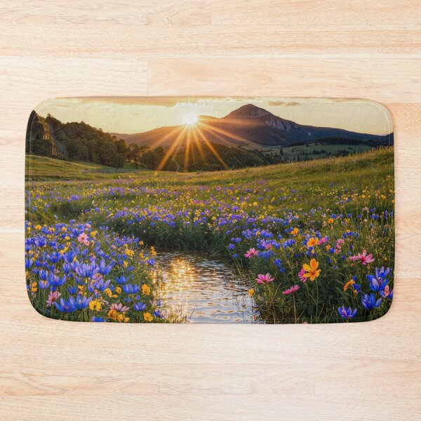 Item preview, Sunset Over Mountain with Wildflowers and Reflective Stream designed and sold by regnumsaturni.
