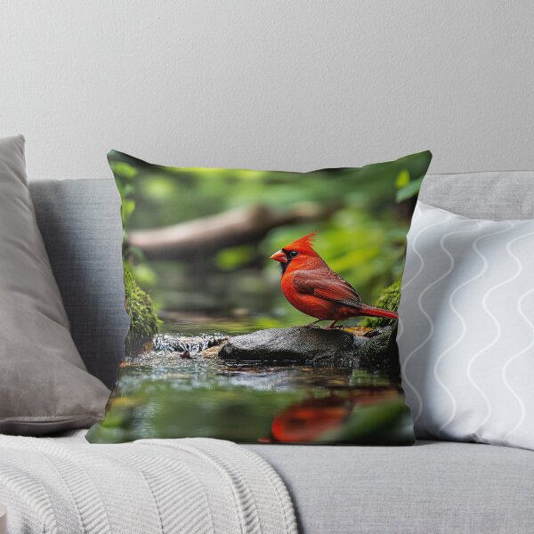 Item preview, Red Cardinal on rock with river and forest - Nature photo designed and sold by TheArtistOf2022.
