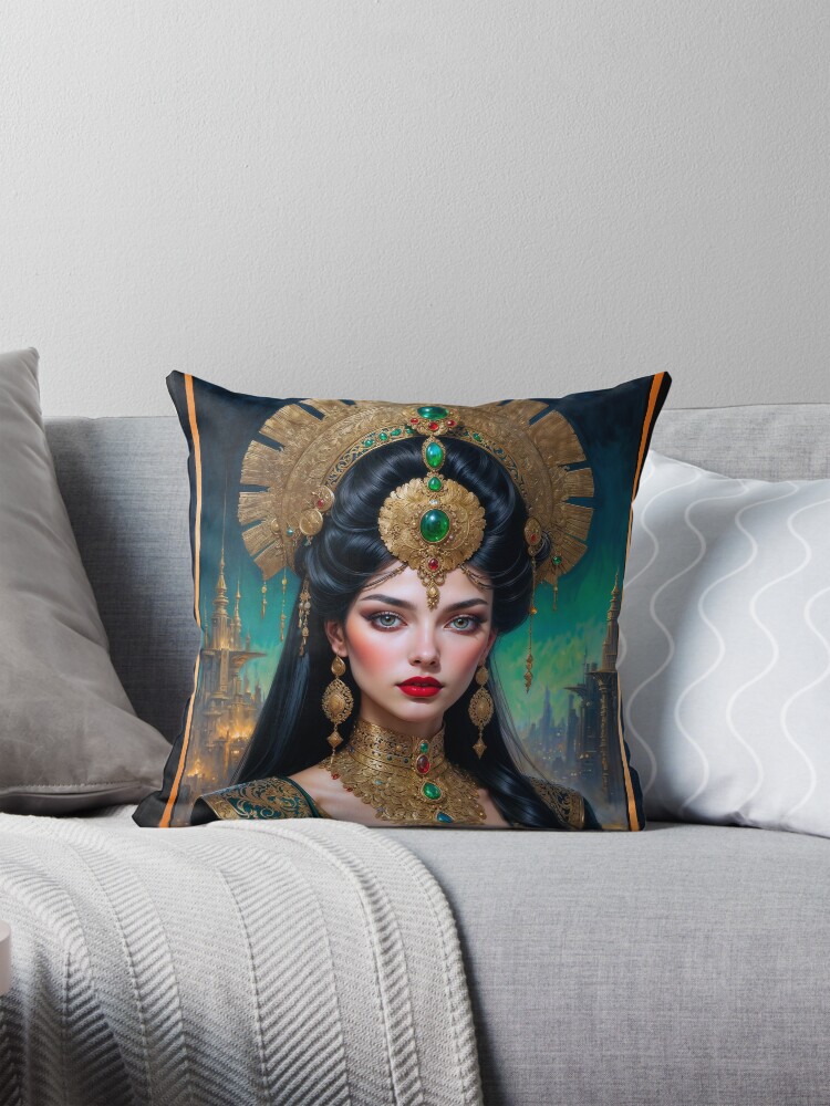 A Regal Portrait Of Lady Caccia Mentaki Amidst a Mystical Cityscape AI Concept Art by Xzendor7 | A Mystical Beauty 4 A Regal Portrait Of Lady Caccia Mentaki Amidst a Mystical Cityscape Enchanting AI Concept Art by Xzendor7 Decorative Art Print Throw Pillow