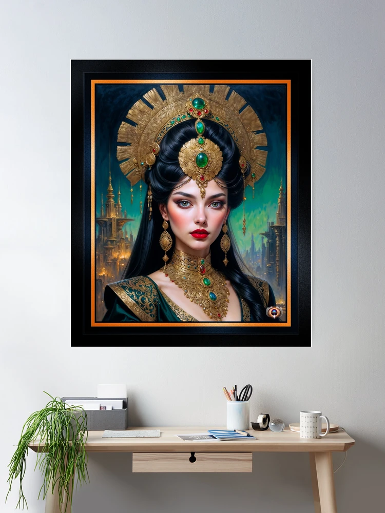 A Regal Portrait Of Lady Caccia Mentaki Amidst a Mystical Cityscape AI Concept Art by Xzendor7 | A Mystical Beauty 2 A Regal Portrait Of Lady Caccia Mentaki Amidst a Mystical Cityscape Enchanting AI Concept Art by Xzendor7 Wall Decor Poster Art Print