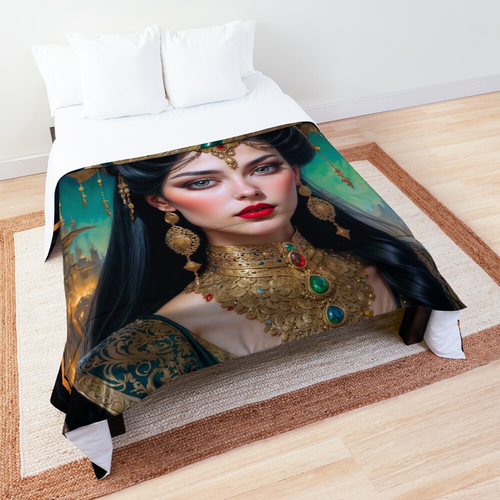 A Regal Portrait Of Lady Caccia Mentaki Amidst a Mystical Cityscape AI Concept Art by Xzendor7 | A Mystical Beauty 3 A Regal Portrait Of Lady Caccia Mentaki Amidst a Mystical Cityscape Enchanting AI Concept Art by Xzendor7 Decorative Art Print Comforter