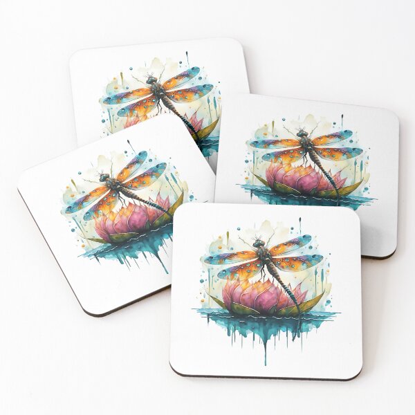 Item preview, Rainbow dragonfly resting on pink waterlily designed and sold by Ann Miu Deluxe.