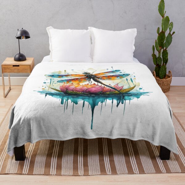 Item preview, Rainbow dragonfly resting on pink waterlily designed and sold by Ann Miu Deluxe.