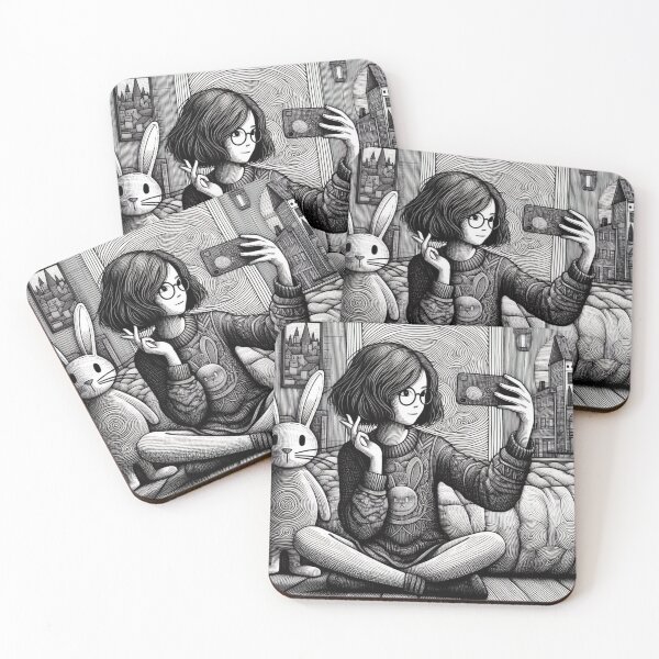 Item preview, Kawaii Selfie Girl – Artistic Black & White Illustration designed and sold by GOLDENLIONPERU.