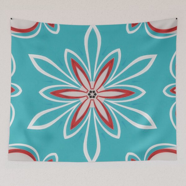 Item preview, Red And White Flower On Turquoise Background  designed and sold by Pretty-Bird.