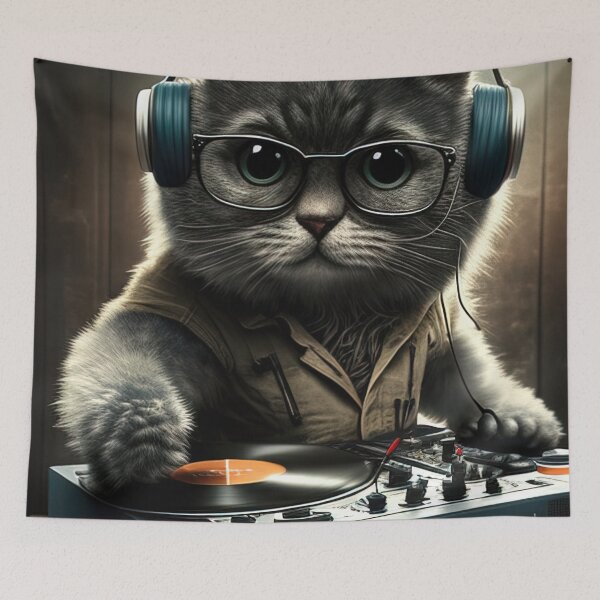 Item preview, DJ Cat behind the decks illustration designed and sold by RK - Shop.