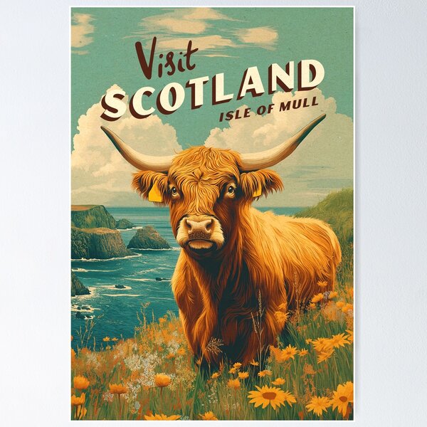 Item preview, Scotland Isle of Mull Vintage Travel Poster - Highlands Cow Poster designed and sold by Darius Garmus.