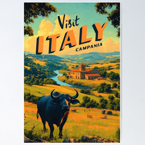 Item preview, Italy Campania Vintage Travel Poster - Water Buffalo Poster designed and sold by Darius Garmus.