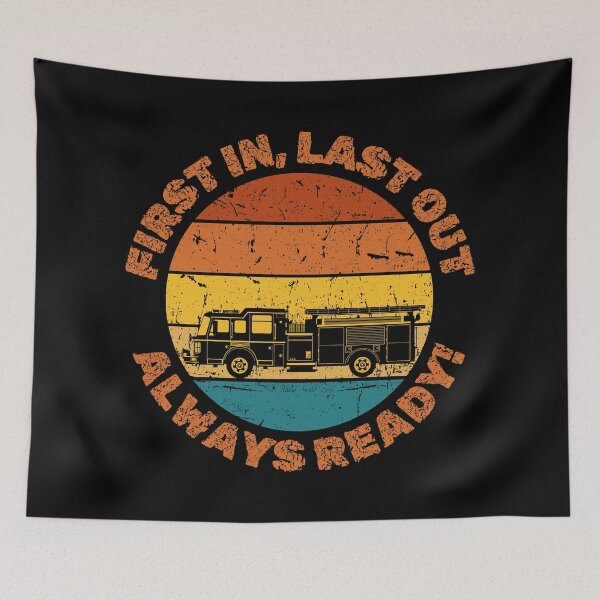 Item preview, Firefighter First In Last Out Always Ready Retro Sunset Colors With Fire Truck designed and sold by TymekStore.