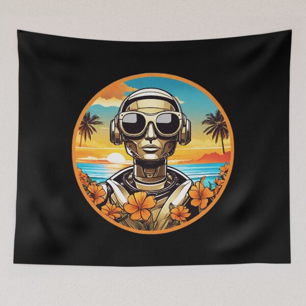 Item preview, Sunset Robot with Sunglasses in Hawaii with Orchids and Palm Trees designed and sold by NautiChic.