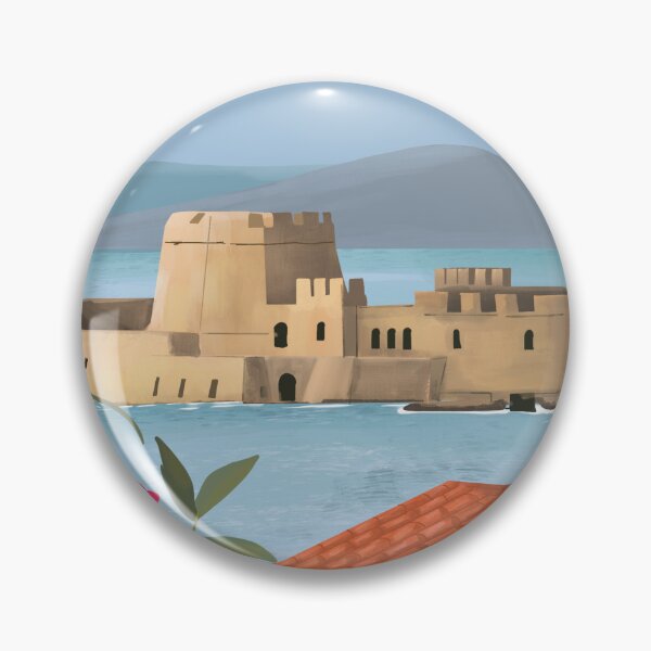 Item preview, Nafplio Greece, Bourtzi travel poster sticker print designed and sold by Arctic frame studio.