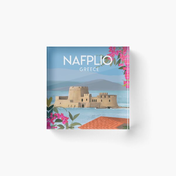 Item preview, Nafplio Greece, Bourtzi travel poster sticker print designed and sold by Arctic frame studio.