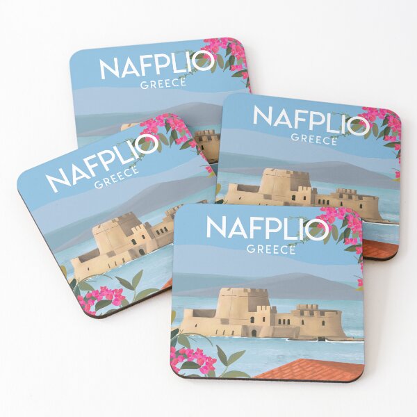 Item preview, Nafplio Greece, Bourtzi travel poster sticker print designed and sold by Arctic frame studio.