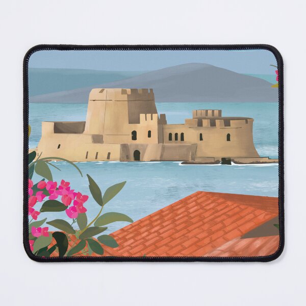 Item preview, Nafplio Greece, Bourtzi travel poster sticker print designed and sold by Arctic frame studio.