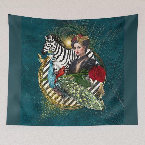 Item preview, Teal, vintage woman, Zebra and Peacock Collage designed and sold by  Designs by Nikki-Louise.