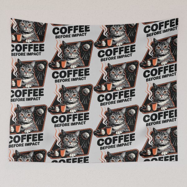 Item preview, Coffee Before Impact – Cat & Asteroid Apocalypse Design designed and sold by CrownedCanvas.