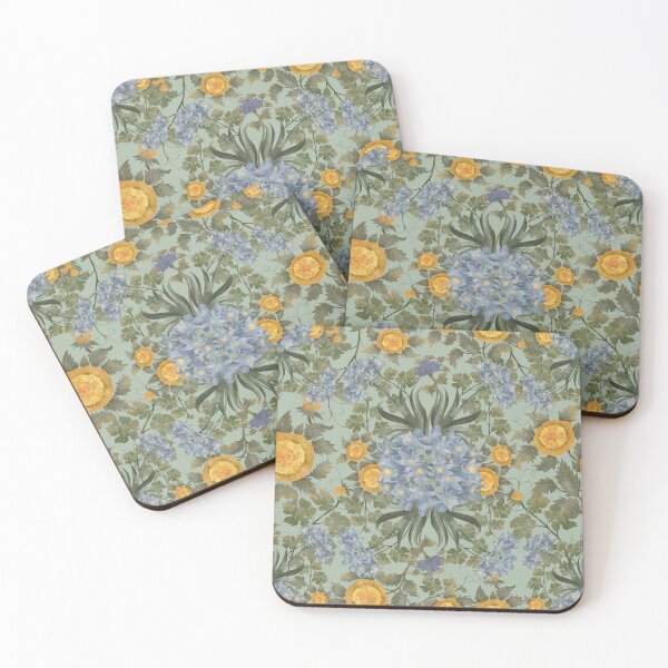 Artikelvorschau, Blaue und gelbe Blumen auf einem sanften grünen Hintergrund entworfen und verkauft von Grin Katalina Floral Patterns & Cozy Art.