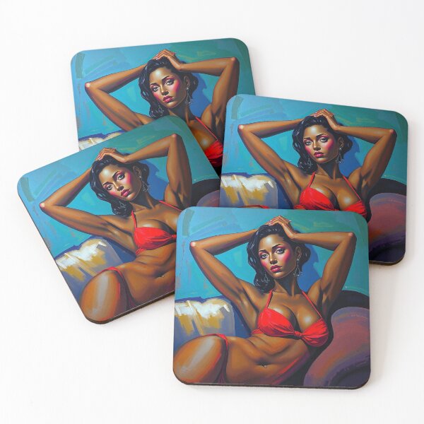 Item preview, A stylized portrait in the manner of Modigliani, depicting a woman with dark skin and sharp features, in a red bikini, reclined on a couch, hands behind her head, painted with blues, greens, purples,  designed and sold by Vintage Designs +.