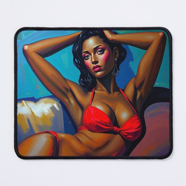 Item preview, A stylized portrait in the manner of Modigliani, depicting a woman with dark skin and sharp features, in a red bikini, reclined on a couch, hands behind her head, painted with blues, greens, purples, designed and sold by Vintage Designs +.