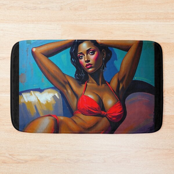 Item preview, A stylized portrait in the manner of Modigliani, depicting a woman with dark skin and sharp features, in a red bikini, reclined on a couch, hands behind her head, painted with blues, greens, purples,  designed and sold by Vintage Designs +.