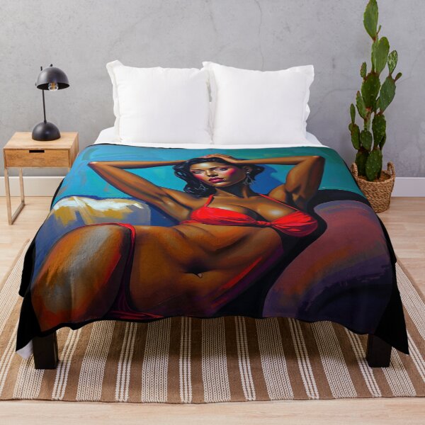 Item preview, A stylized portrait in the manner of Modigliani, depicting a woman with dark skin and sharp features, in a red bikini, reclined on a couch, hands behind her head, painted with blues, greens, purples, designed and sold by Vintage Designs +.