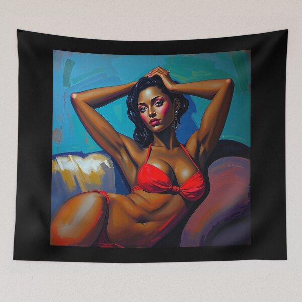 Item preview, A stylized portrait in the manner of Modigliani, depicting a woman with dark skin and sharp features, in a red bikini, reclined on a couch, hands behind her head, painted with blues, greens, purples,  designed and sold by Vintage Designs +.