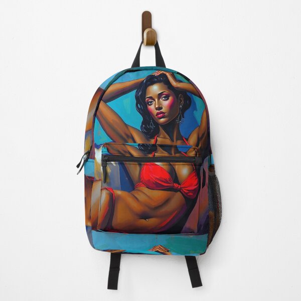 Item preview, A stylized portrait in the manner of Modigliani, depicting a woman with dark skin and sharp features, in a red bikini, reclined on a couch, hands behind her head, painted with blues, greens, purples,  designed and sold by Vintage Designs +.