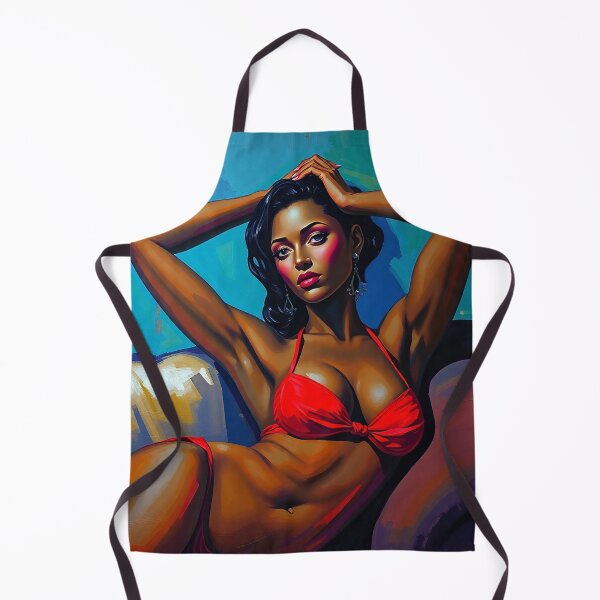Item preview, A stylized portrait in the manner of Modigliani, depicting a woman with dark skin and sharp features, in a red bikini, reclined on a couch, hands behind her head, painted with blues, greens, purples, designed and sold by Vintage Designs +.