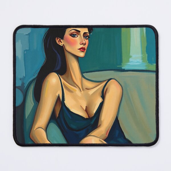 Item preview, Abstract painting in the style of Modigliani featuring a woman with a long neck, olive skin, and dark hair, reclining on a couch in a sleeveless dress. Cool tones of blue, green, and purple are used, designed and sold by Vintage Designs +.