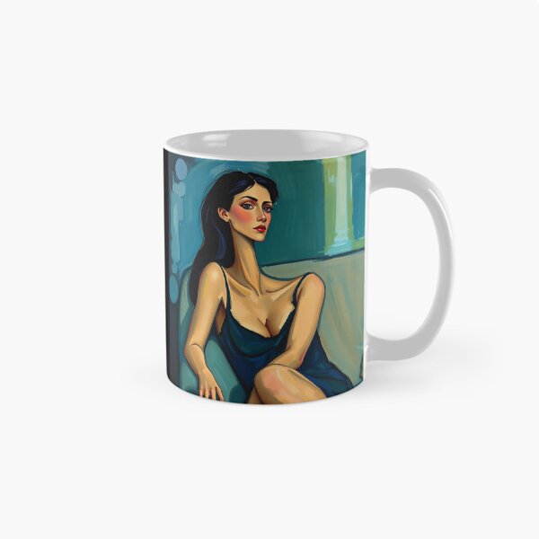 Item preview, Abstract painting in the style of Modigliani featuring a woman with a long neck, olive skin, and dark hair, reclining on a couch in a sleeveless dress. Cool tones of blue, green, and purple are used,  designed and sold by Vintage Designs +.