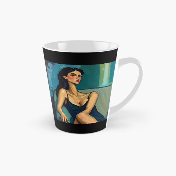 Item preview, Abstract painting in the style of Modigliani featuring a woman with a long neck, olive skin, and dark hair, reclining on a couch in a sleeveless dress. Cool tones of blue, green, and purple are used,  designed and sold by Vintage Designs +.