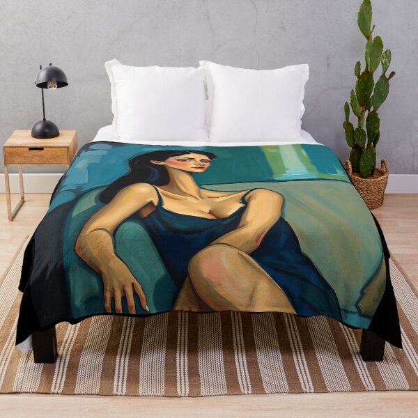 Item preview, Abstract painting in the style of Modigliani featuring a woman with a long neck, olive skin, and dark hair, reclining on a couch in a sleeveless dress. Cool tones of blue, green, and purple are used, designed and sold by Vintage Designs +.