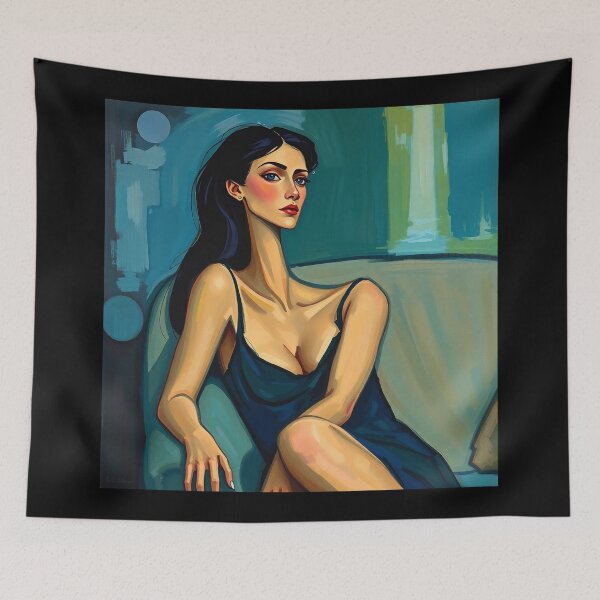 Item preview, Abstract painting in the style of Modigliani featuring a woman with a long neck, olive skin, and dark hair, reclining on a couch in a sleeveless dress. Cool tones of blue, green, and purple are used,  designed and sold by Vintage Designs +.