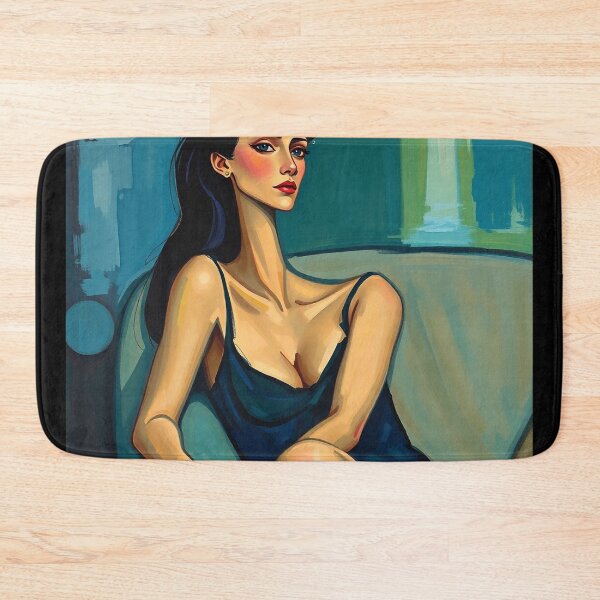 Item preview, Abstract painting in the style of Modigliani featuring a woman with a long neck, olive skin, and dark hair, reclining on a couch in a sleeveless dress. Cool tones of blue, green, and purple are used,  designed and sold by Vintage Designs +.