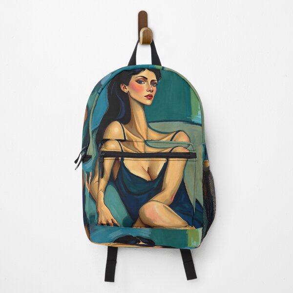 Item preview, Abstract painting in the style of Modigliani featuring a woman with a long neck, olive skin, and dark hair, reclining on a couch in a sleeveless dress. Cool tones of blue, green, and purple are used, designed and sold by Vintage Designs +.