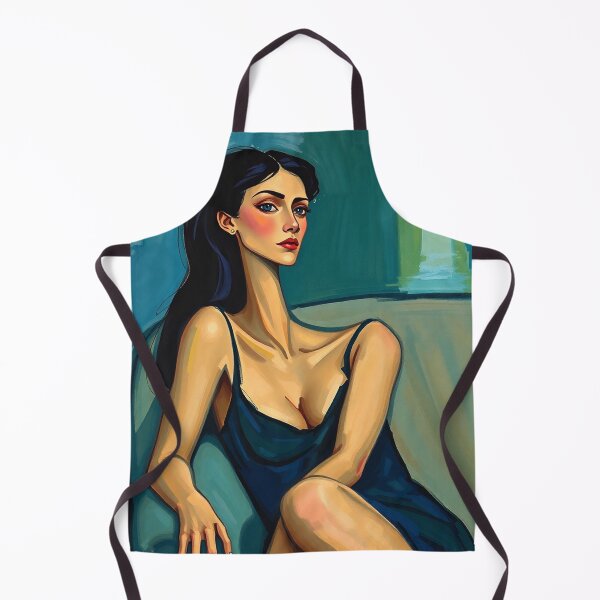 Item preview, Abstract painting in the style of Modigliani featuring a woman with a long neck, olive skin, and dark hair, reclining on a couch in a sleeveless dress. Cool tones of blue, green, and purple are used, designed and sold by Vintage Designs +.