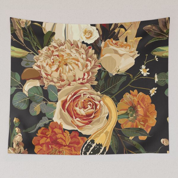 Item preview, Autumn flowers, herbs and mushrooms seamless pattern. Black background. designed and sold by MatyKotiv.