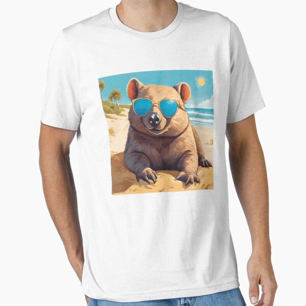 Vista previa del artículo con la obra «Wombat con gafas de sol en la playa», diseñado y vendido por Fanverse Merchandise.