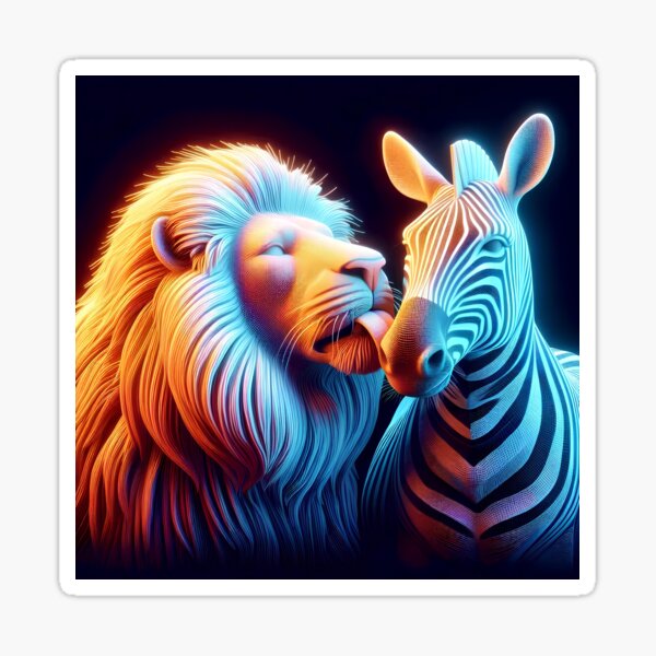 a loving relationship between a lion and a zebra Sticker