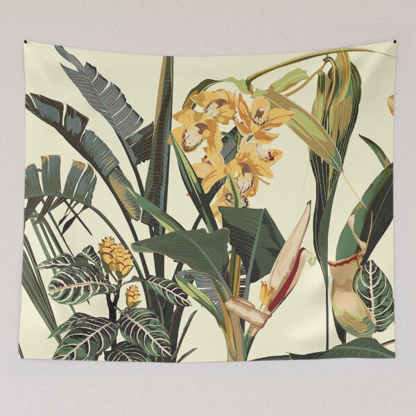 Item preview, Tropical botanical landscape, palm tree, banana tree, exotic flowers, plant floral  border background.  designed and sold by MatyKotiv.