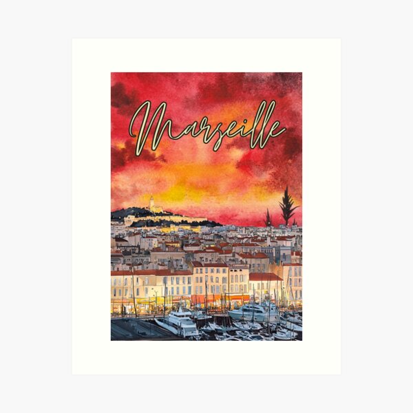 Artikel-Vorschau von Marseille Sonnenuntergang Skyline Aquarell Druck, designt und verkauft von TuncGK.