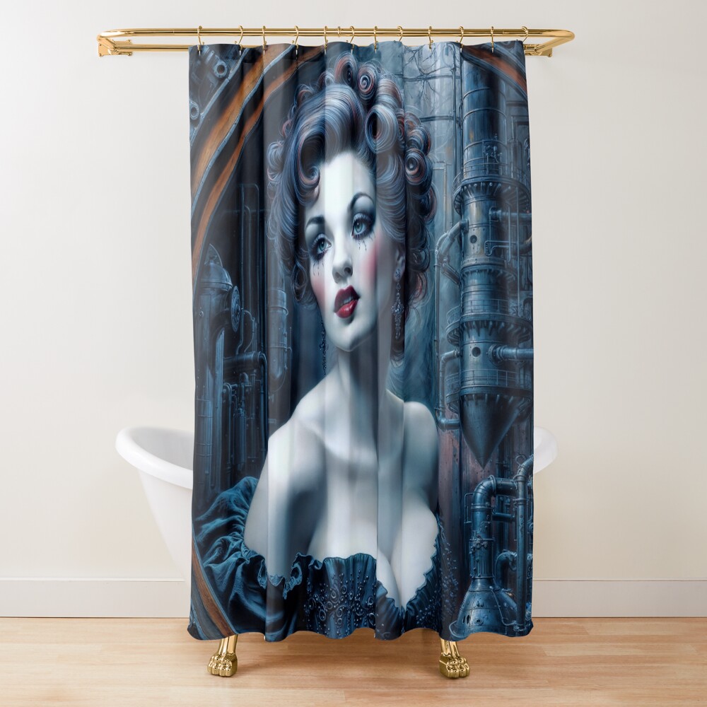 The Industrial Elegance Of The Timeless Beauty Elvira Stelladora Amidst Steel And Steam AI Concept Art by Xzendor7 4 The Industrial Elegance Of The Timeless Beauty Elvira Stelladora Amidst Steel And Steam Striking AI Concept Art by Xzendor7 Decorative Art Print Shower Curtain