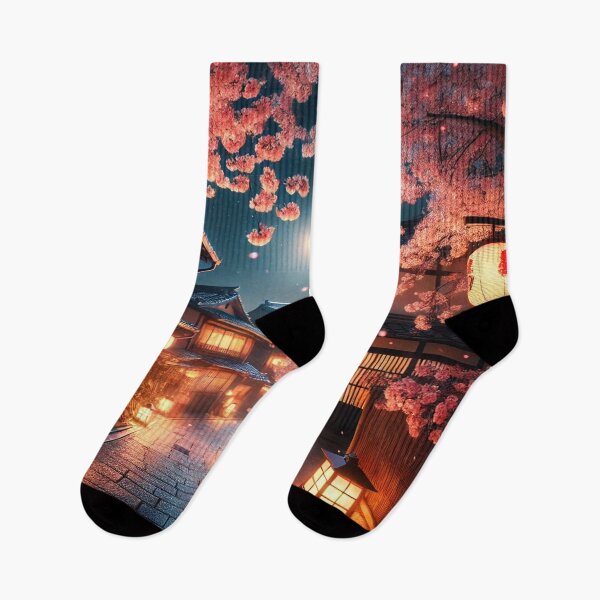 Item preview, Enchanting Traditional Japanese Street at Cherry Blossom Twilight designed and sold by NihonKamonScape.