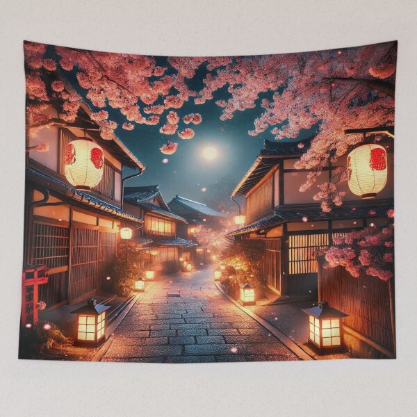 Item preview, Enchanting Traditional Japanese Street at Cherry Blossom Twilight designed and sold by NihonKamonScape.