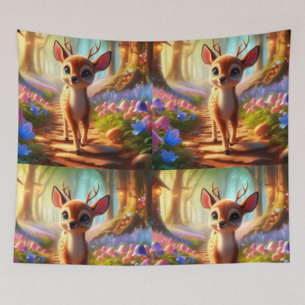 Item preview, Cartoon fawn little cute deer on a flowers paved forest path childrens book illustration designed and sold by EmeraldeaArt.